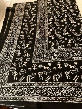Black & White Patterned Scarf with Folk Motif